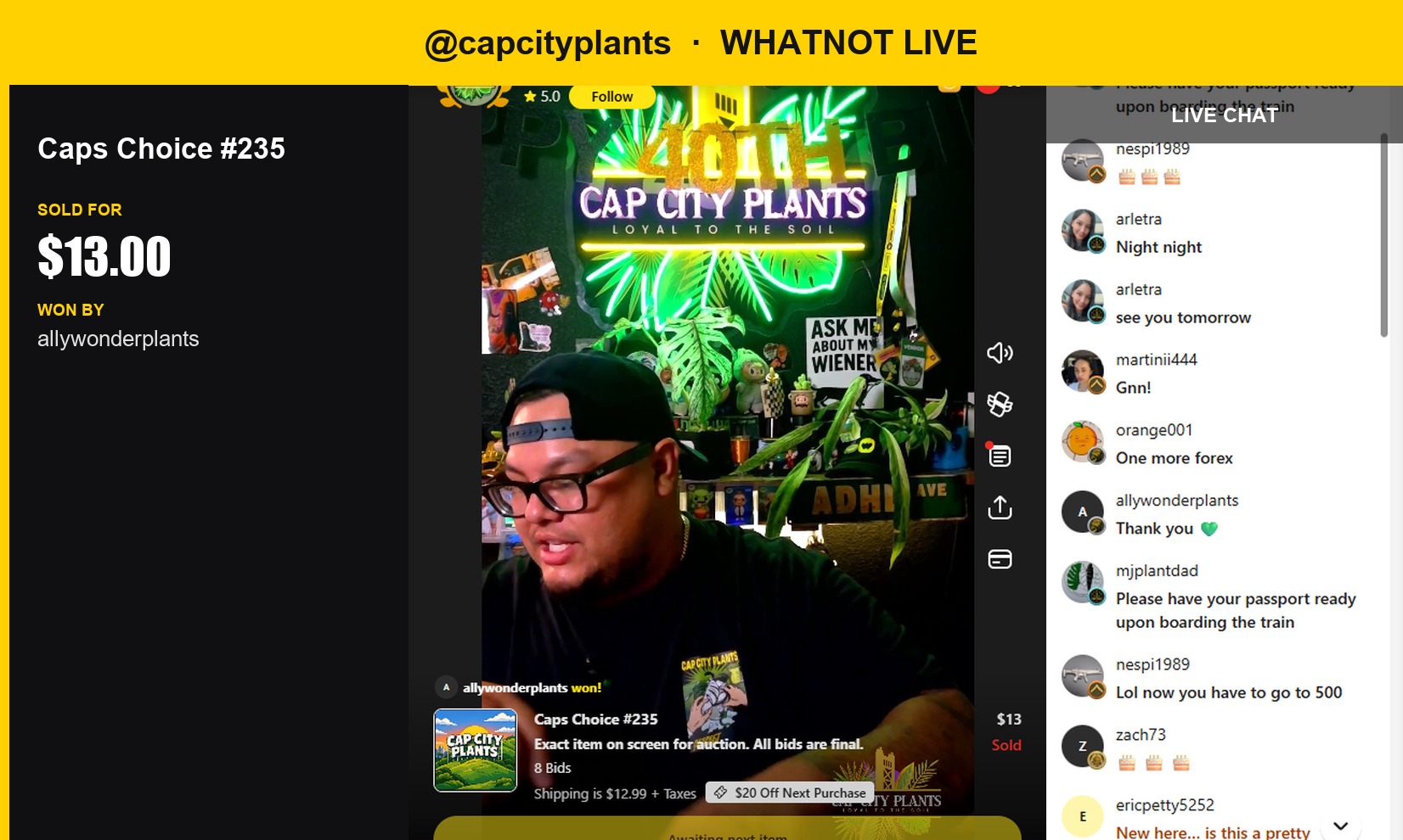 Whatnot Live Auction Recap: Allywonderplants Snags Unique Caps Choice #235