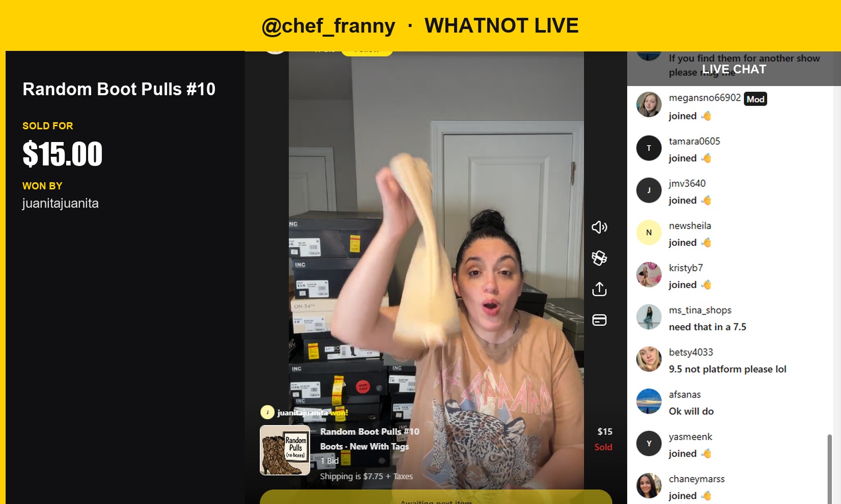 Cheery Boot Pulls Fetch 15.00 USD in Whatnot Show