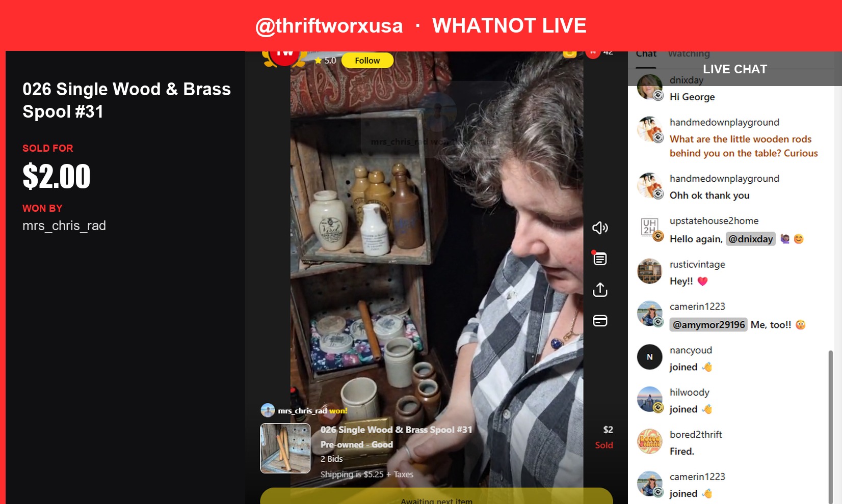 Wooden Bobbins with Brass Caps Fetch $2 on Whatnot Live Show