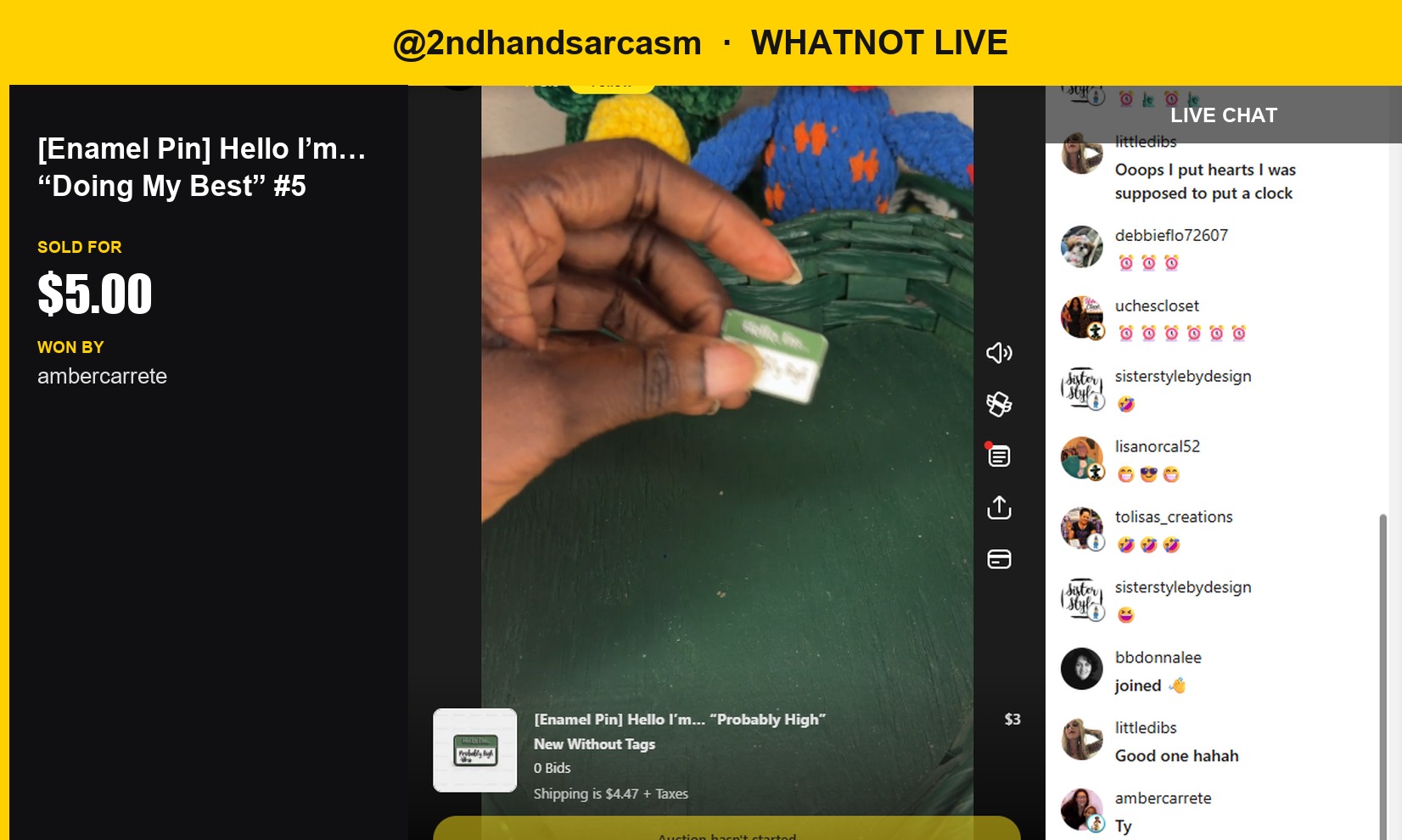 Hello I’m... "Doing My Best" Enamel Pin Sells Quickly on 2ndhandsarcasm's Whatnot Show