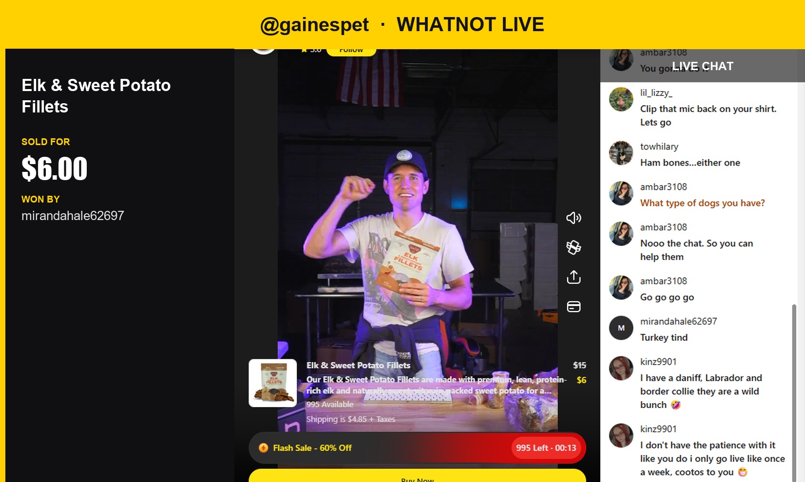 Savory Scores on Whatnot Live: Elk & Sweet Potato Fillets Sell for $6