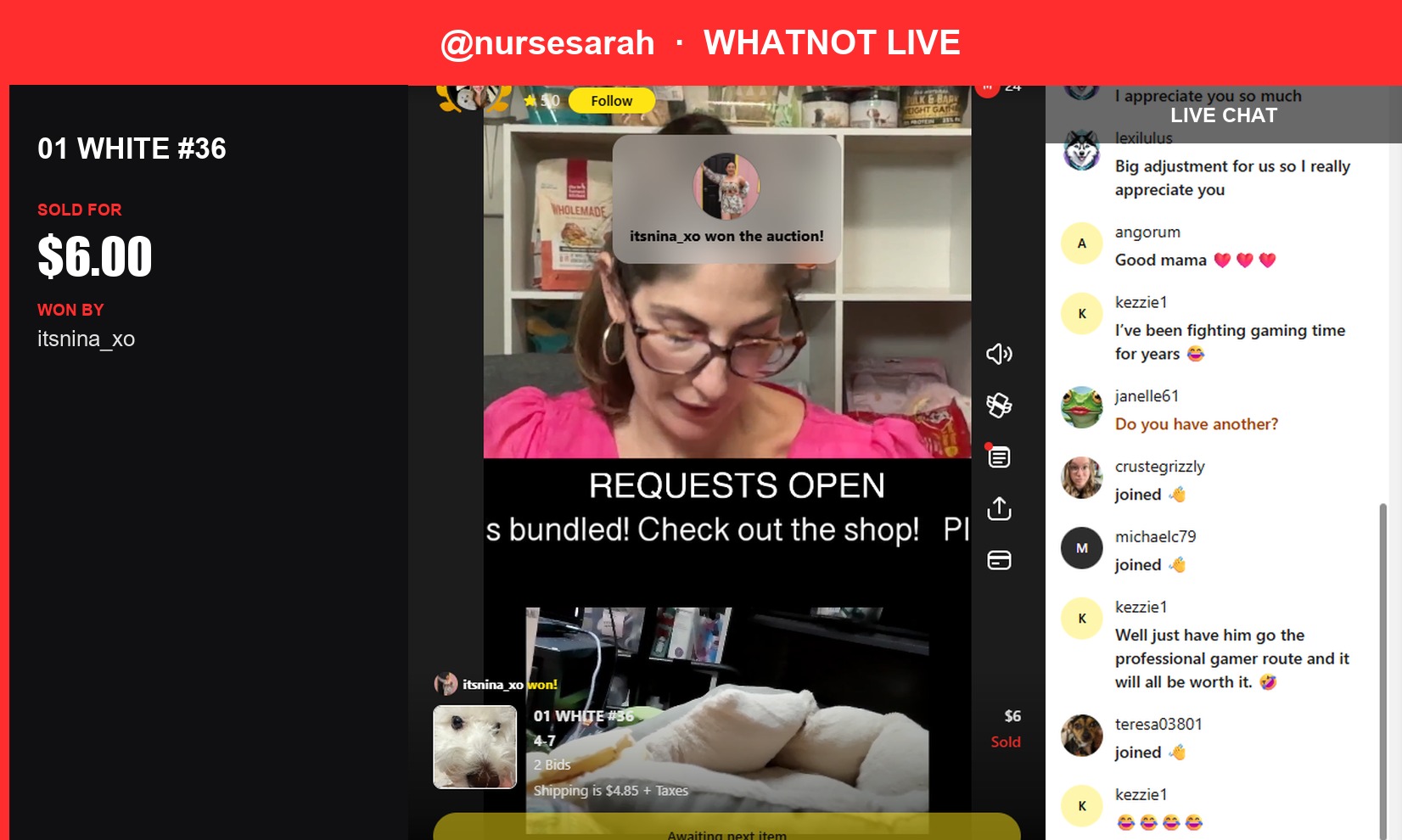 White 36 Wins Big with Nina's Highest Bid of $6!