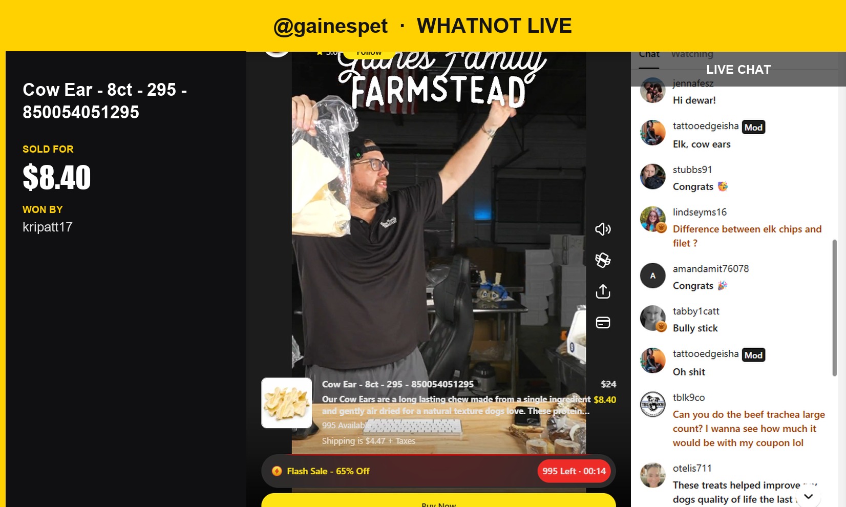 8 Counts of Cow Ears Sold for 8.40 USD in Whatnot Live Auction