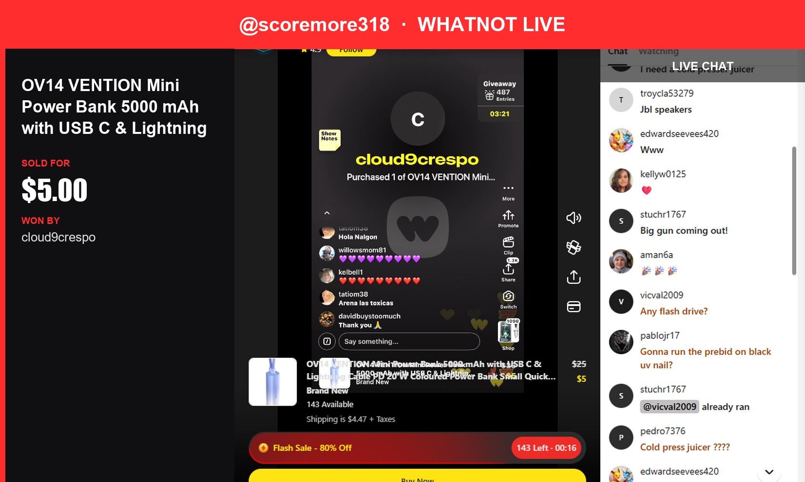 Scoremore318's Whatnot Live: Mini Power Bank Sells for $5
