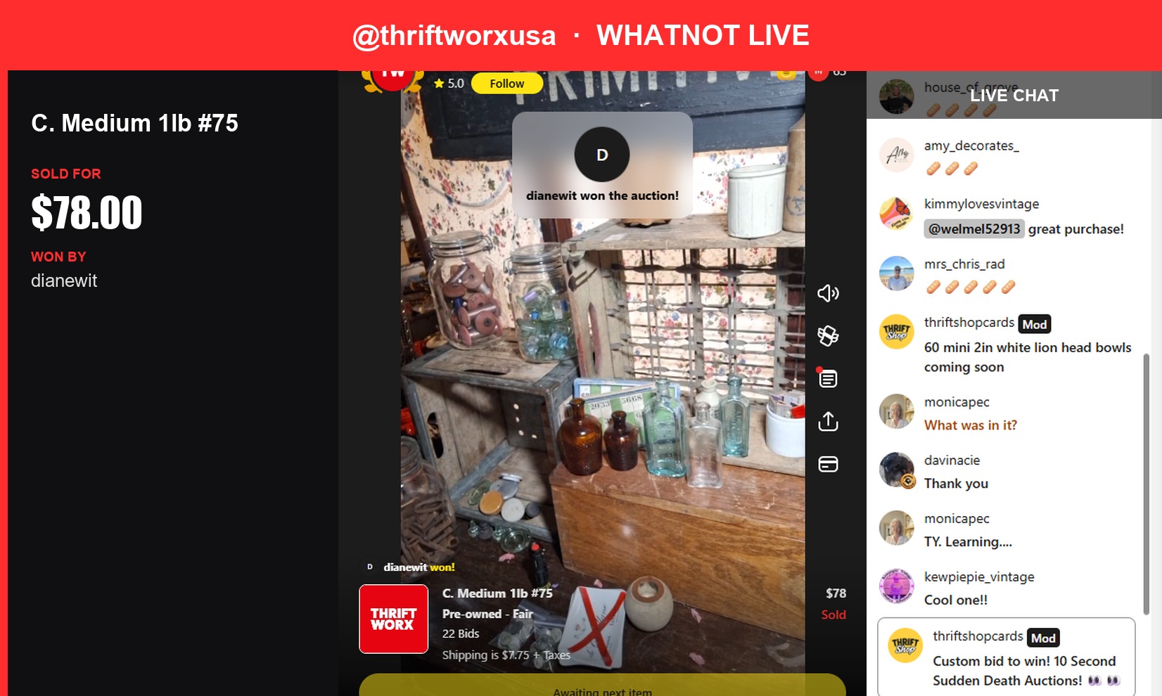 Cozy Cream Pot Stone Wearable Sells for $78 in Thriftworxusa's Whatnot Live Show