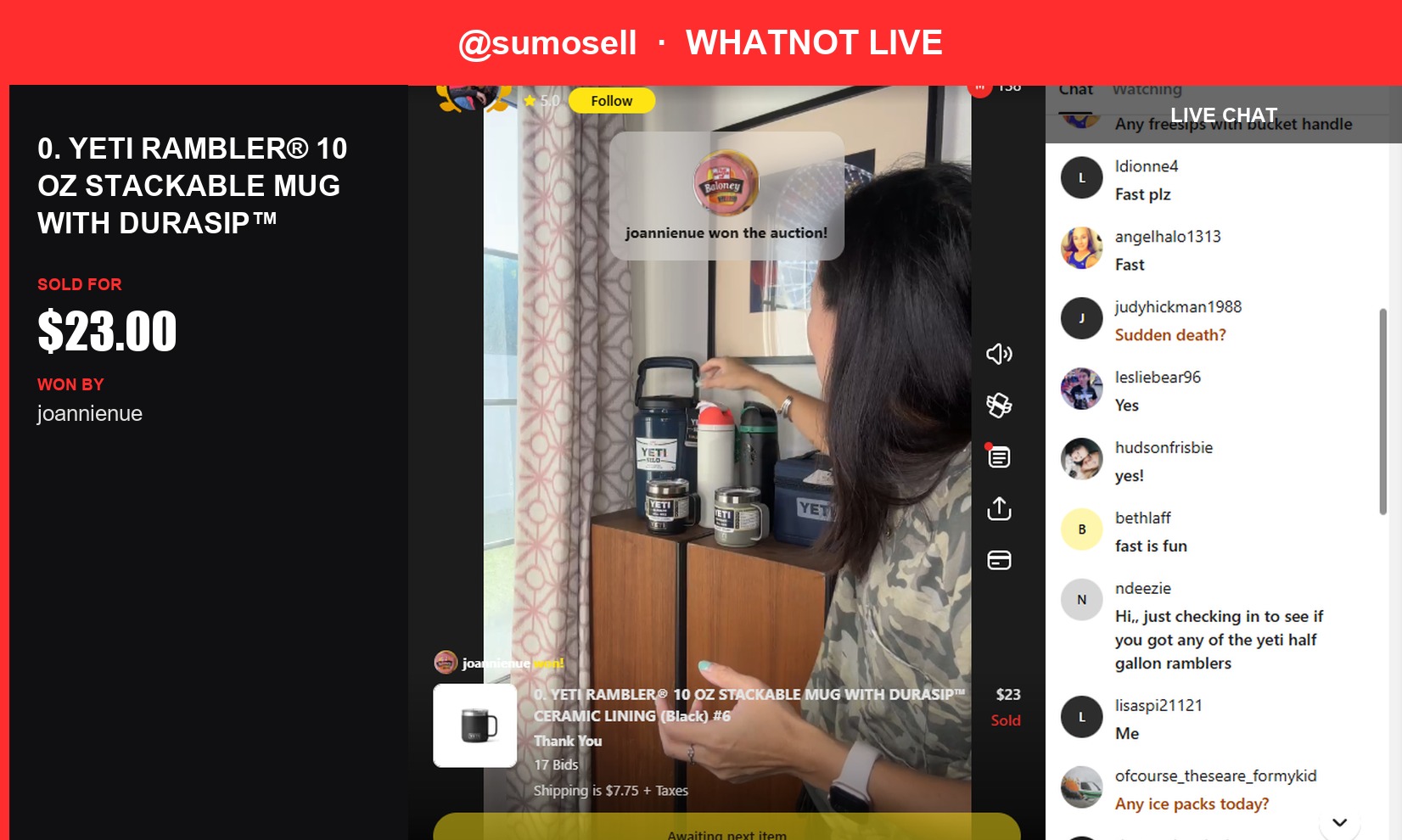 Yeti Rambler Squeezes Out a Sale at Whatnot