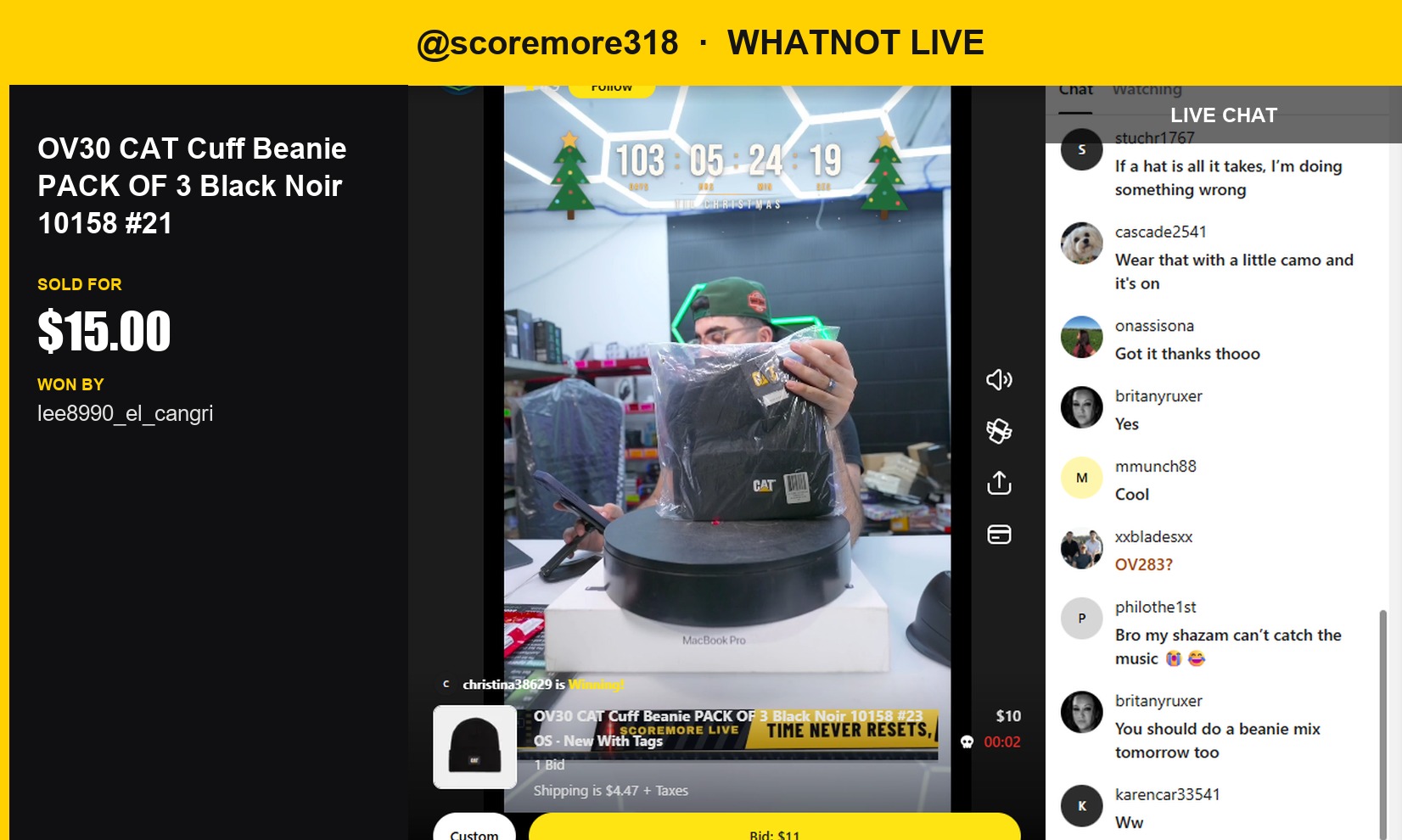 Whatnot Winner: lee8990_el_cangri Snags OV30 CAT Cuff Beanie Pack for $15