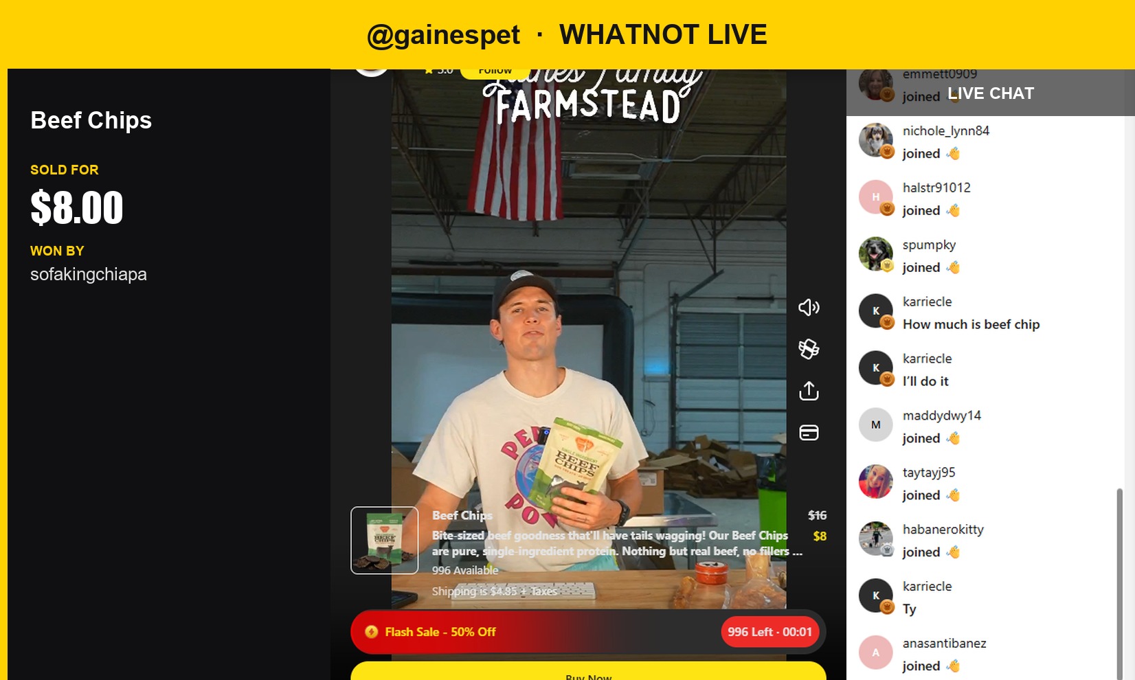 Half-Off Beef Chips Sell for $8 on Whatnot Live Show