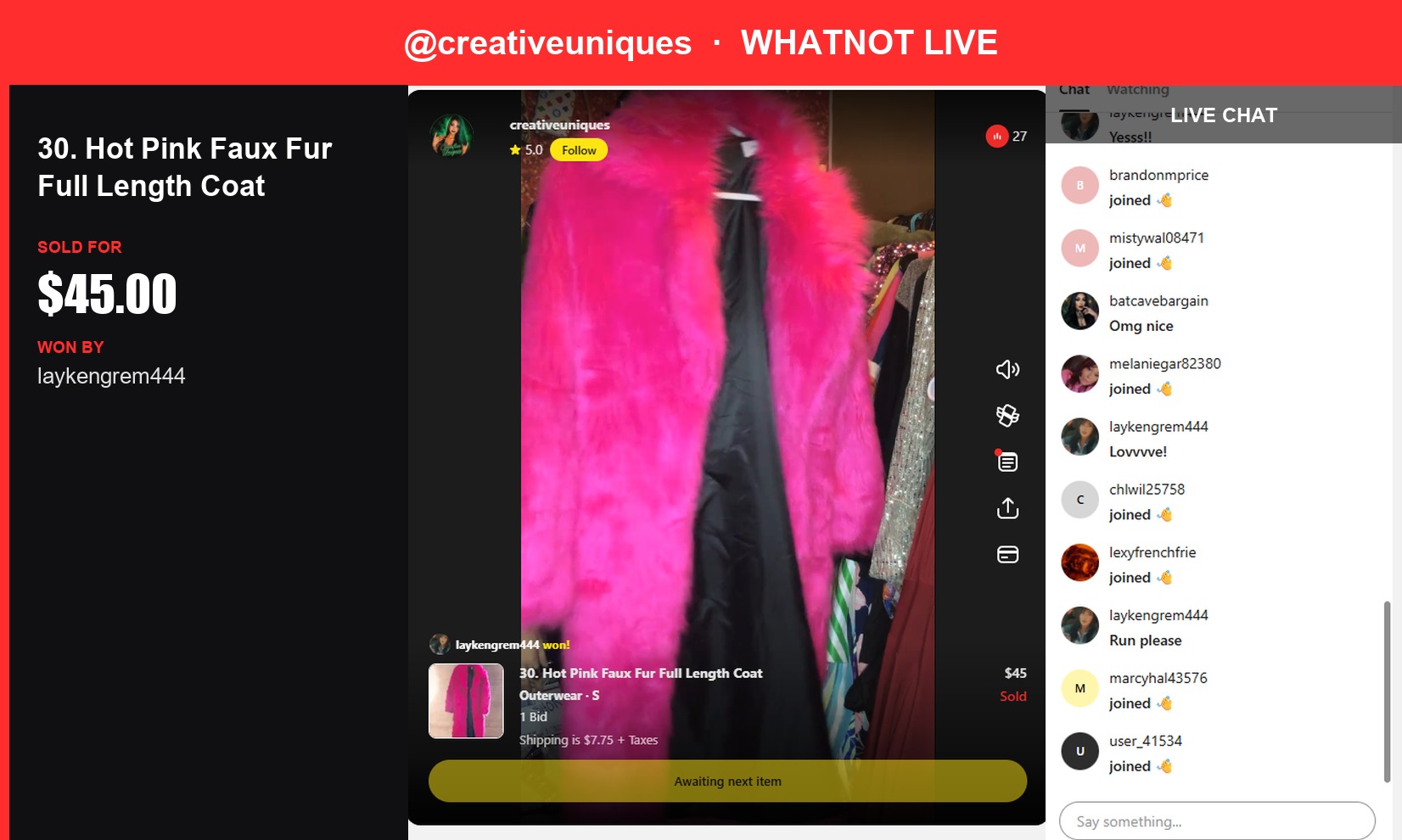 Hot Pink Faux Fur Coat Sells for $45 in Whatnot Live Show