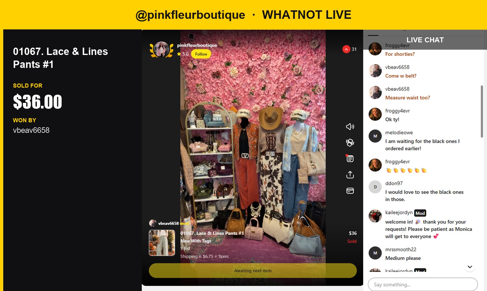 Lace & Lines Pants Sell Out to Single Bidder in Whatnot Live Show