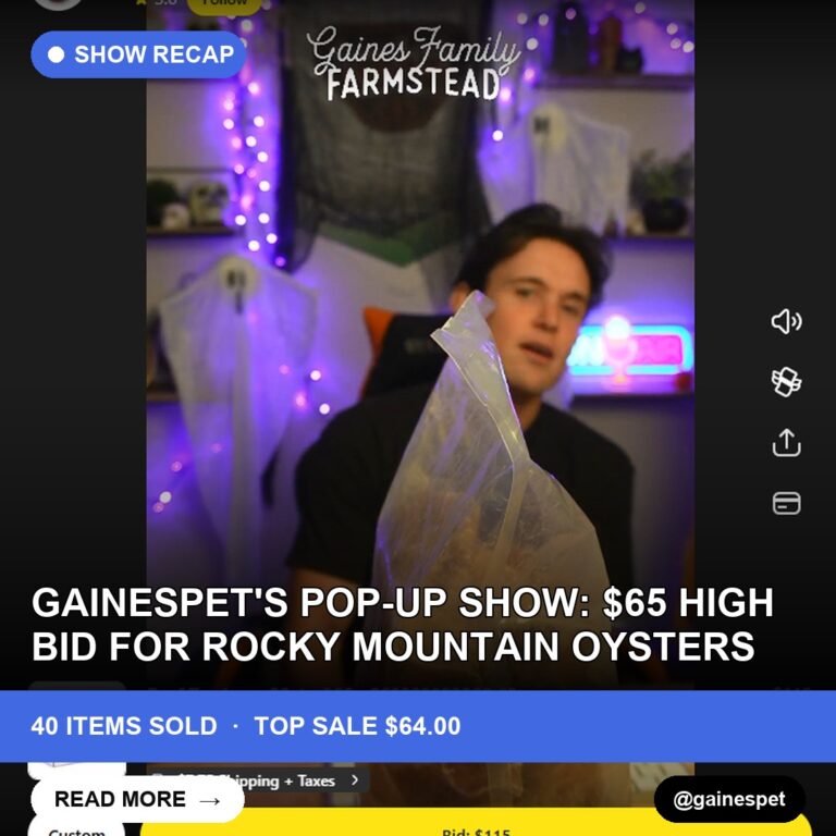 Gainespet's Pop-Up Show: $65 High Bid for Rocky Mountain Oysters